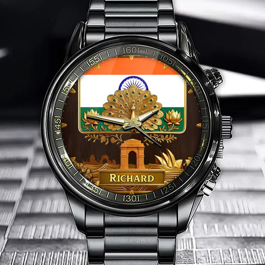 Personalized Indian Pride Watch - Custom Name with National Symbols
