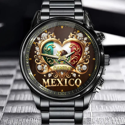 Personalized Golden Mexico Pride Watch – Custom Name Edition with Elegant Luxurious Details