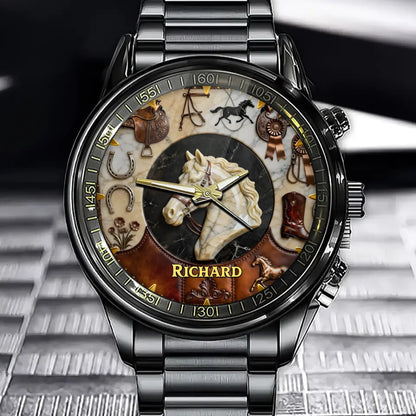 Personalized Equestrian Horse Watch - Horse Head, Saddle, Horseshoe & Rodeo Medal Themed Dial And Custom Name