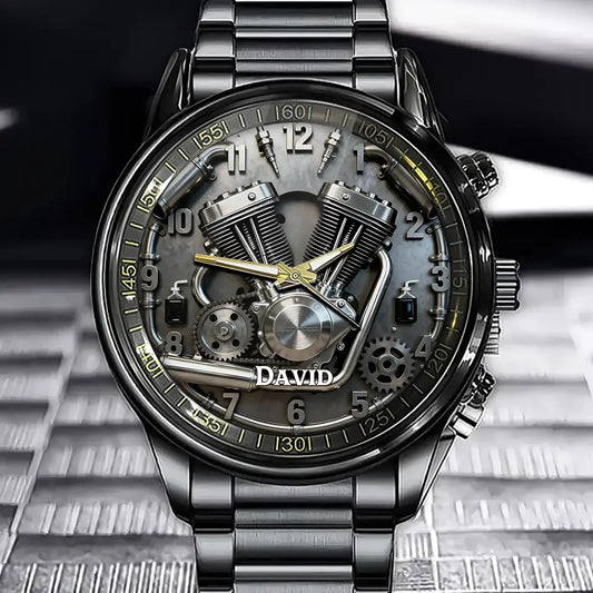 Personalized Twin-Cylinder Motorcycle Engine Watch - Gears & Pipes Themed Dial with Custom Name