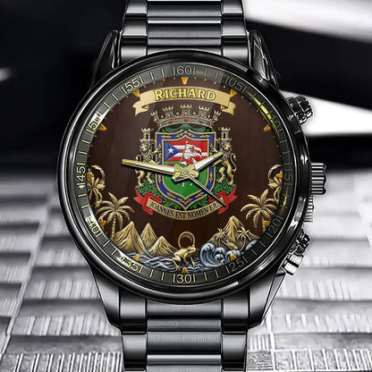 Personalized Puerto Rico National Coat of Arms Watch - "JOANNES EST NOMEN EIUS" & Castle/Lion/Palm Tree Themed Dial with Custom Name