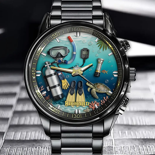 Personalized Diving Theme Watch - Underwater Gear & Turtle Design with Custom Name