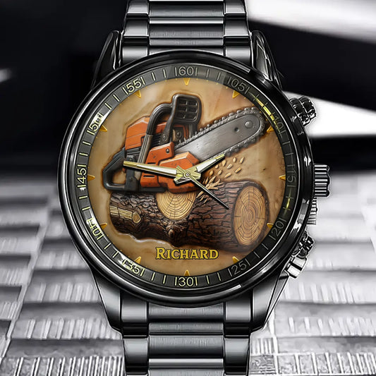 Personalized Chainsaw And Wooden Watch – Rustic Woodworking Style With Customizable Name