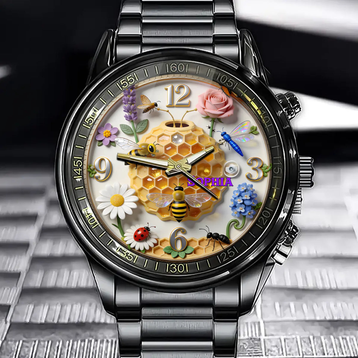 Personalized Honeycomb Watch - Featuring Floral Embellishments And Customizable Names