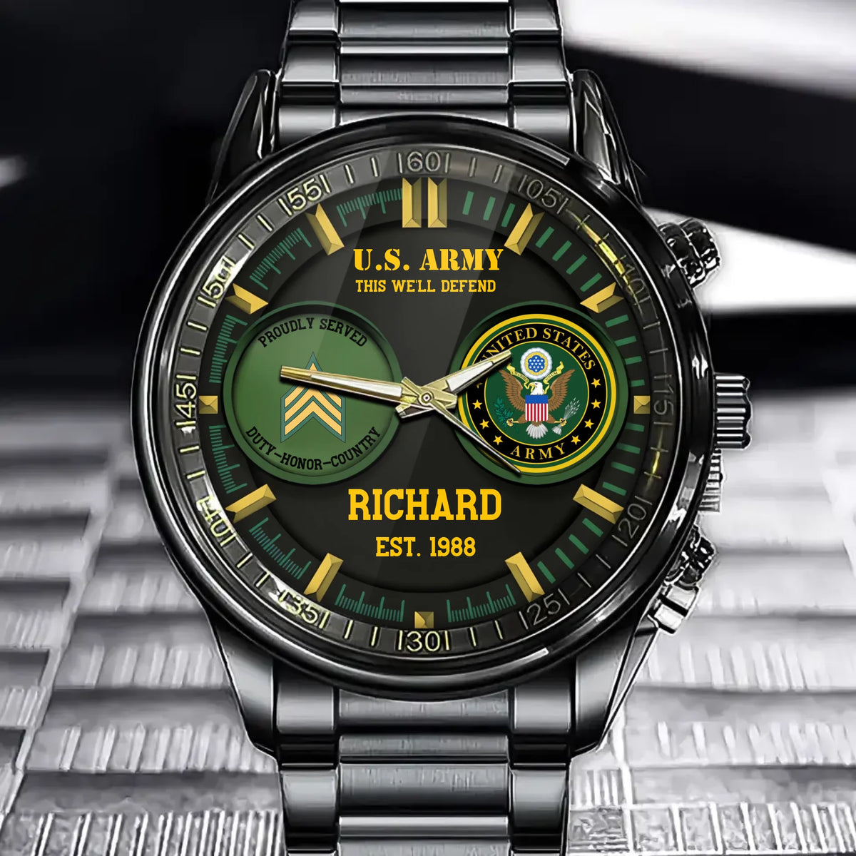 Personalized US Military Veteran Custom Branch, Rank & Name Watch