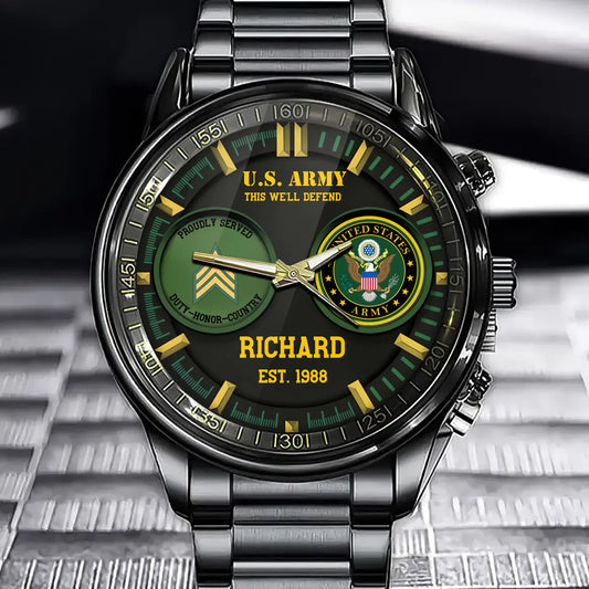 Personalized US Military Veteran Custom Branch, Rank & Name Watch