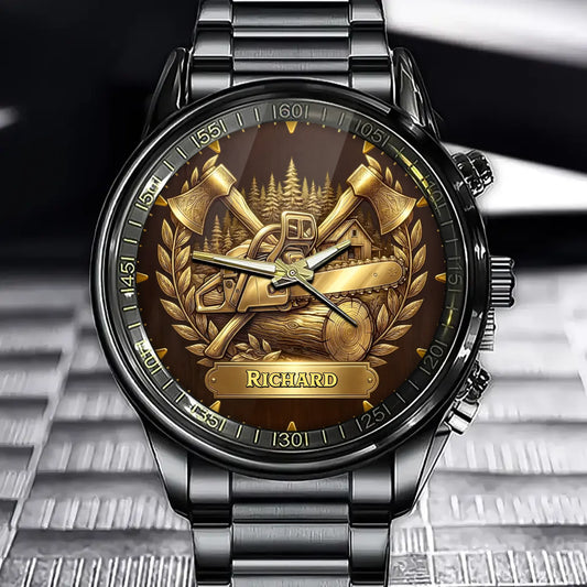 Personalized Lumberjack Watch with Custom Chainsaw and Axe Design