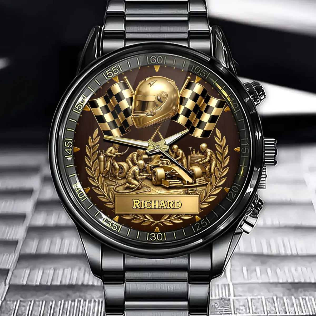 Personalized Racing Watch with Custom Formula Car and Pit Crew Design