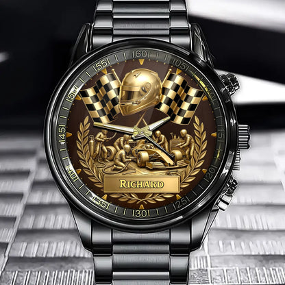 Personalized Racing Watch with Custom Formula Car and Pit Crew Design