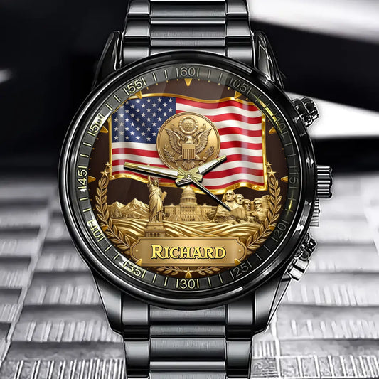 Personalized USA Pride Watch – Custom Name Edition with Iconic Landmarks