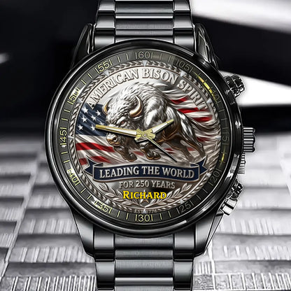 Personalized American Bison Spirit Watch - Featuring The American Flag And Your Custom Name