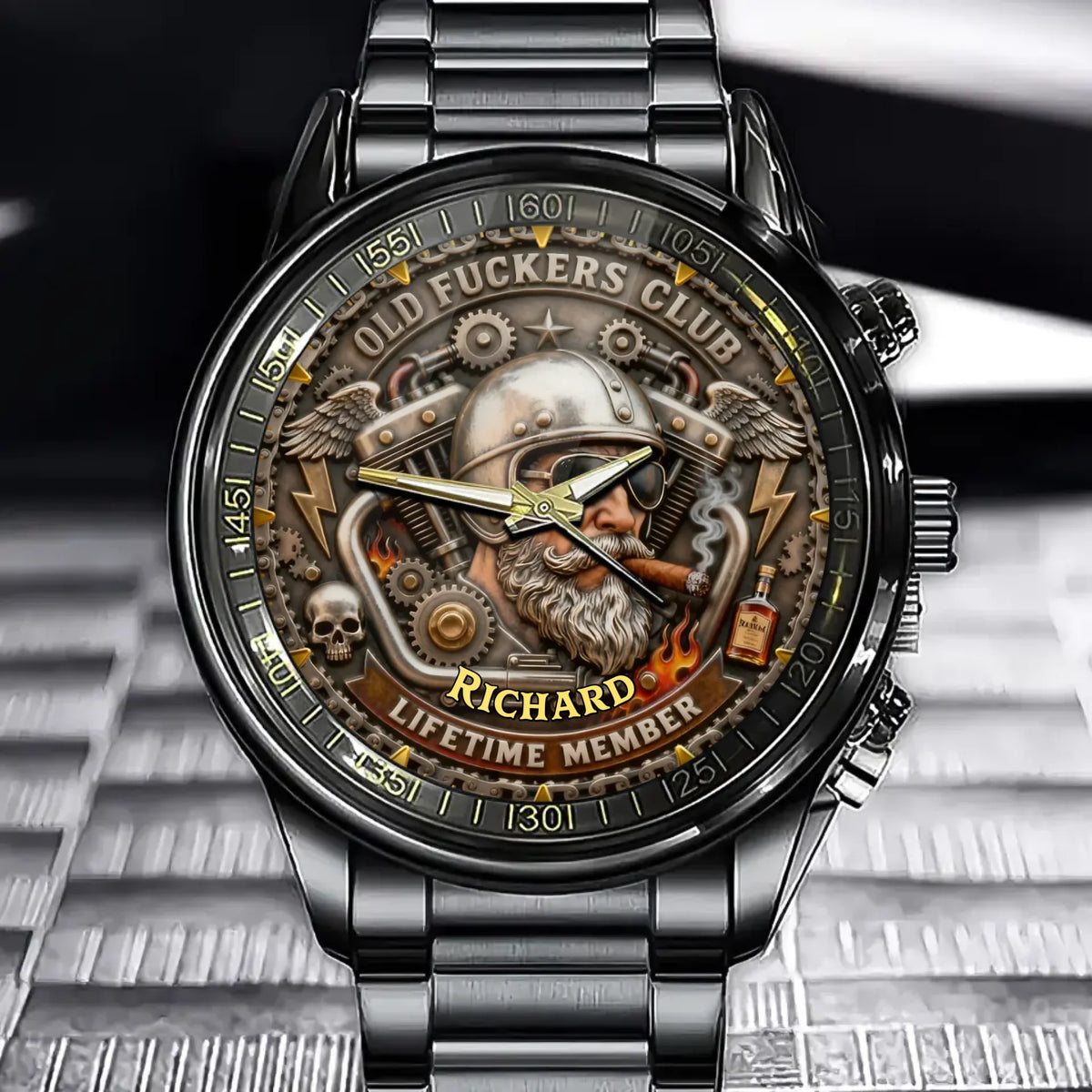 Personalized Old Fuckers Club Watch - Biker Helmet & Gear Theme with Custom Name Option