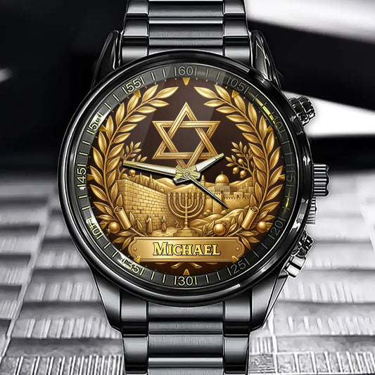 Personalized Hanukkah Heritage Watch – Custom Name Edition with Jewish Symbols