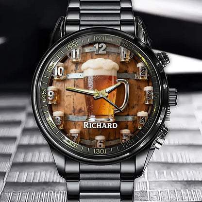 Personalized Beer Theme Watch - Mug & Barrel Design And Custom Name Personalization
