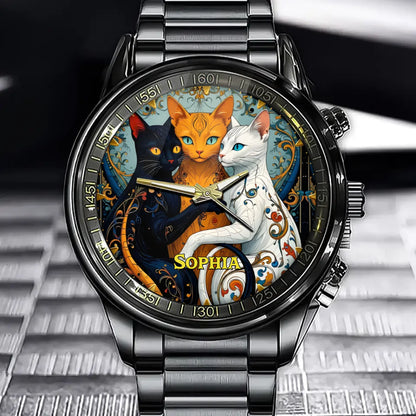 Personalized And Glamorous Three-Cat Watch - Exquisite Cat Pattern With Customizable Name