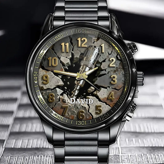 Personalized Construction Watch - Drill & Broken Rock Design And Custom Name