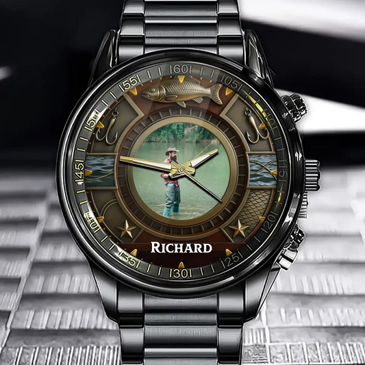 Personalized Custom Photo Fishing Watch - Angler & Fish Theme with Custom Name