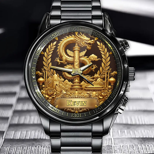 Personalized Oriental Majesty Watch – Add Your Name, Mythic Dragon & Peony Details