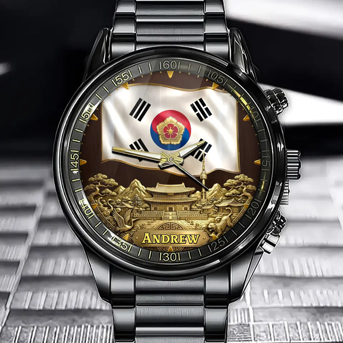 Personalized Golden Korea Legacy Watch – Custom Name, Cultural Symbols