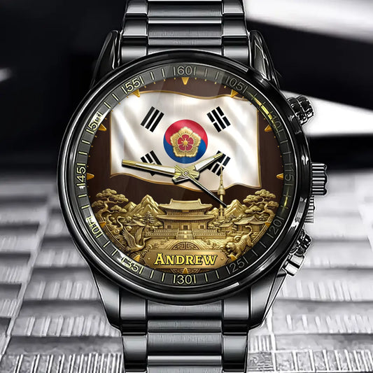 Personalized Golden Korea Legacy Watch – Custom Name, Cultural Symbols