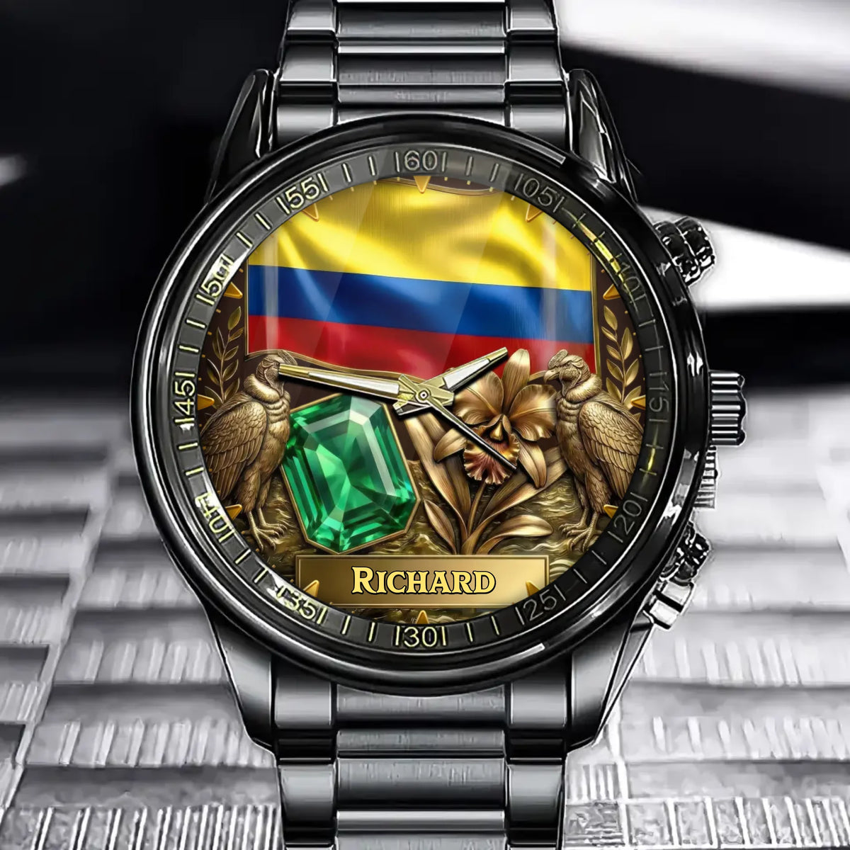 Custom Colombian Heritage Watch with Personalized Emerald, Orchid, and Andean Condor Design
