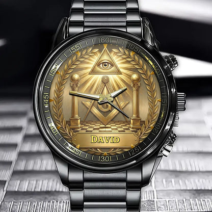 Custom Freemason Watch With Personalized All-Seeing Eye and Compass Design
