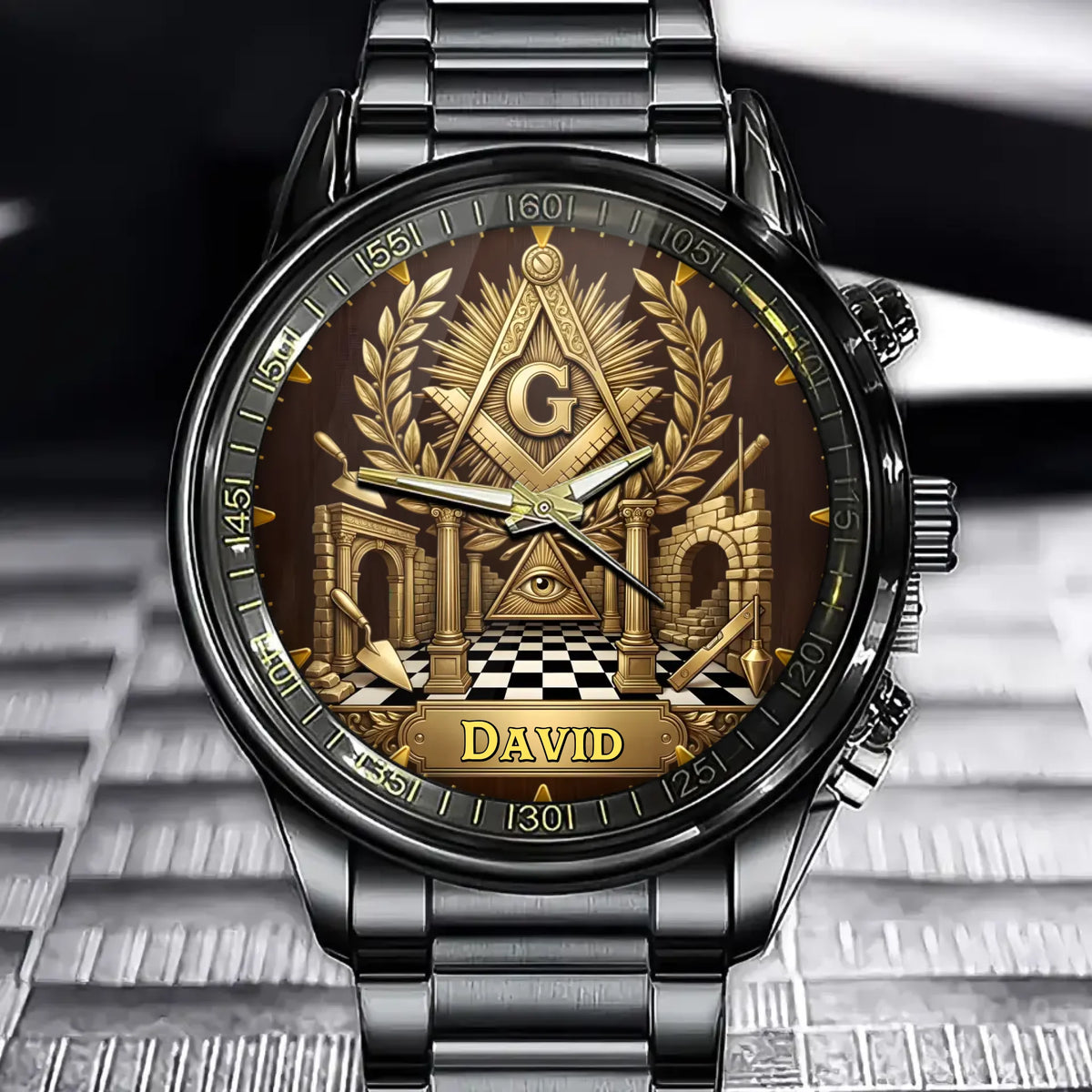 Personalized Masonic Gold Relief Watch - Ornate Gold Emblem Dial with All-Seeing Eye & Columns