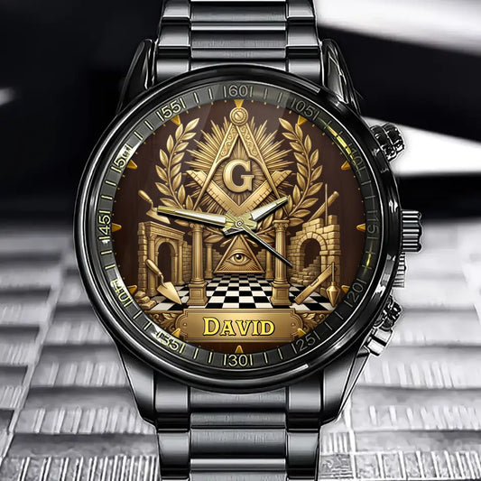 Personalized Masonic Gold Relief Watch - Ornate Gold Emblem Dial with All-Seeing Eye & Columns