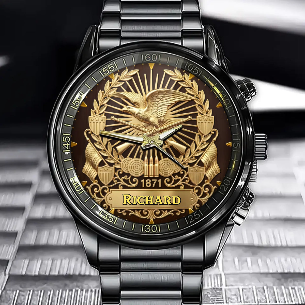 Personalized Marksman’s Honor Watch – Custom Name, Vintage Ammo & Rifle Art