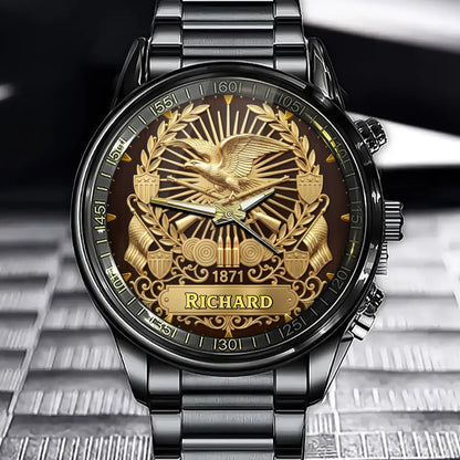 Personalized Marksman’s Honor Watch – Custom Name, Vintage Ammo & Rifle Art