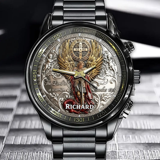 Personalized Christian Angel Themed Watch - "The Lord is a Warrior" Scripture Design with Custom Name