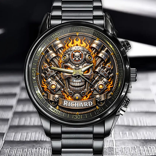 Personalized Mechanical Punk Themed Watch - Skull & Engine Design with Custom Name