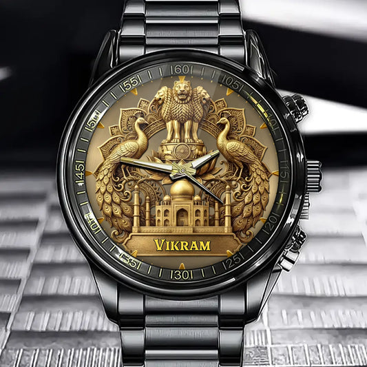 Personalized Indian Legacy Watch - Custom Name with Taj Mahal and National Symbols