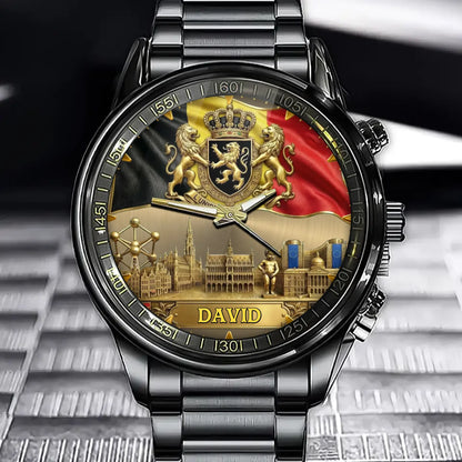 Personalized Belgian Coat of Arms Watch - Custom Engraving for National Pride