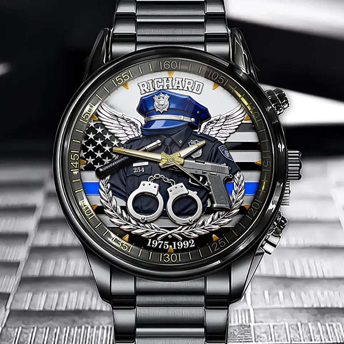 Personalized Police Memorial Watch – Custom Name Dial, Honor & Service Blue Line Dial Art