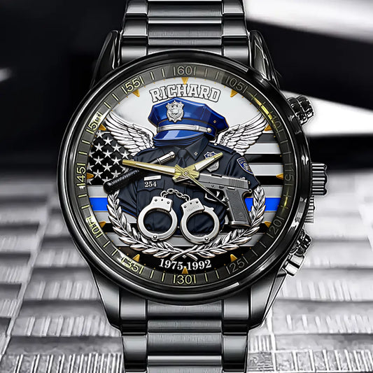 Personalized Police Memorial Watch – Custom Name Dial, Honor & Service Blue Line Dial Art