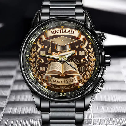 Class Of 2026 - Personalized Graduation Day Gift Watch - Custom Name Cap, Diploma & Book Design