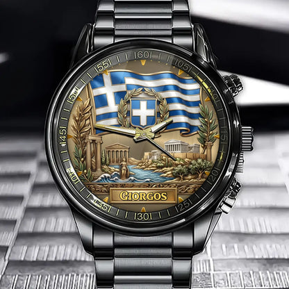 Personalized Greece Heritage Watch – Custom Name With Flag and Iconic Landmarks