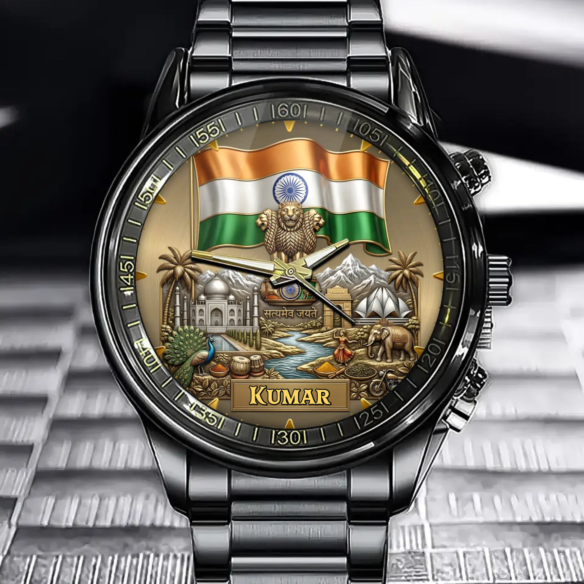 Personalized India Heritage Watch – Custom Name With Flag and National Emblem